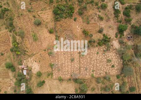 Makueni County, Kenya aerial scenery with rural farmland and houses. East Africa. Stock Photo