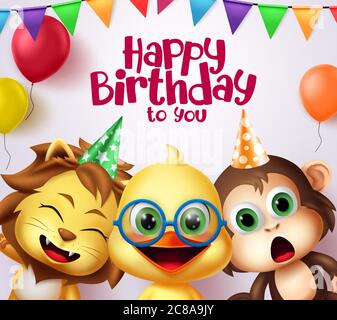 Happy birthday kids party animals costume character vector design. Happy  birthday to you greeting text with cute animal friends characters Stock  Vector Image & Art - Alamy