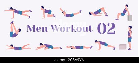 Workout men set. Men doing fitness and yoga exercises. Lunges, Pushups, Squats, Dumbbell rows, Burpees, Side planks, Situps, Glute bridge, Leg Raise, Stock Vector