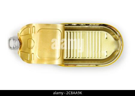 open and empty tin can on white, top view Stock Photo