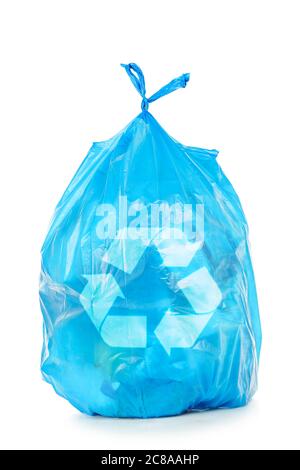 Blue garbage bag with trash in hand isolated on white Stock Photo by  ©belchonock 41762719