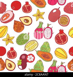Seamless hand drawn pattern with tropical exotic fruits. Vector graphic art on white background Stock Vector