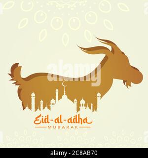 Eid al adha, Eid qurban greeting poster card with goat and mosque illustration, vector Stock Vector