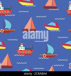 Ships and boats on blue background - sea seamless vector pattern Stock Vector