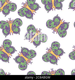 Butterfly cat pattern. Colorful hand drawn vector art. Cartoon d Stock Vector
