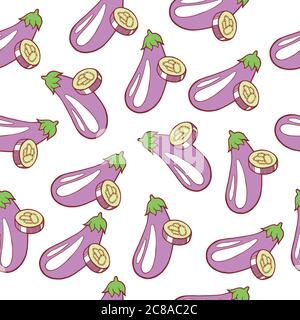 Eggplant seamless pattern. Vector graphic art background with aubergine vegetables Stock Vector