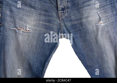 Denim Jeans Ripped Destroyed Torn Blue Patch isolated on white background with empty copy space Stock Photo