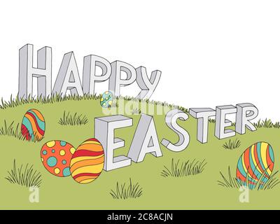 Happy Easter egg text letter grass hill graphic color landscape background sketch illustration vector Stock Vector