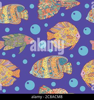 Seamless pattern with zen art doodle fishes on blue sea background Stock Vector