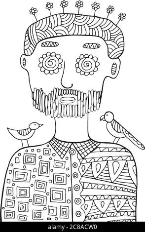 HIpster man with birds and flowers on his head. Coloring page for adults Stock Vector