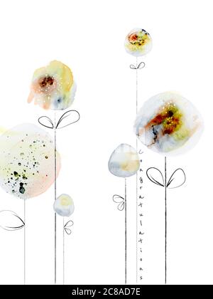 Abstract modern design with flowers splatter hand-painted watercolor and doodle on white background. Artistic vector used as design logo, banner, post Stock Vector