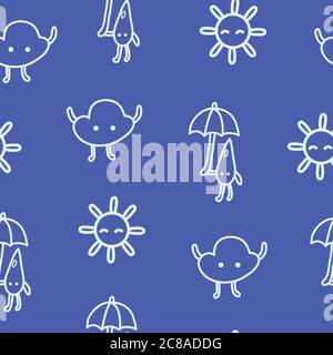 Kids drawn weather seamless pattern with sun, cloud and raindrop with umbrella. Stock Vector