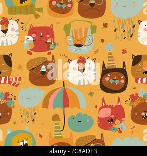 Seamless pattern with muzzles cats and autumn elements Stock Vector