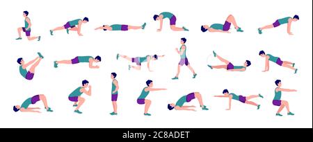 Workout men set. Men doing fitness and yoga exercises. Lunges, Pushups, Squats, Dumbbell rows, Burpees, Side planks, Situps, Glute bridge, Leg Raise, Stock Vector