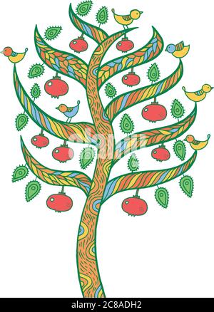 Pomegranate tree - kids illustration. Colorful doodle art drawin Stock Vector