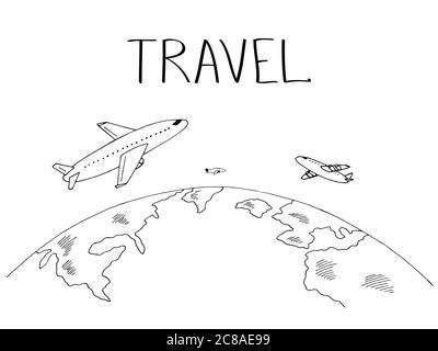 Planes fly around earth graphic black white travel sketch illustration vector Stock Vector