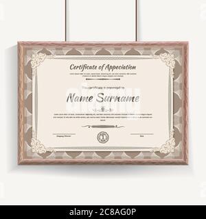 Official beige guilloche border for certificate. Vector illustration. Certificate in beige wooden frame. Template for text Stock Vector