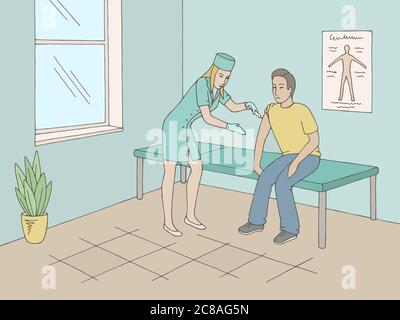 Nurse vaccinating a boy in doctor office graphic color interior sketch illustration vector Stock Vector