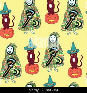 Halloween seamless pattern with cat, pumpkin, death, reaper Stock Vector