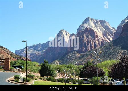 Backdrop of Navajo White Sandstone Mountains in Springdale, Zion National Park, Utah Stock Photo