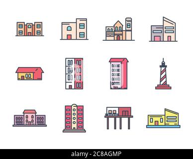 Buildings line and fill style icon design, City architecture urban ...