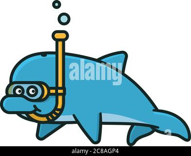 Funny Snorkeling Dolphin cartoon character isolated vector illustration for World Snorkeling Day on July 30th. Aquatic sports and underwater adventure Stock Vector