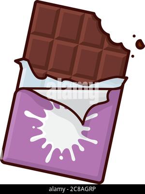 Bitten Milk Chocolate Bar with milk blotch on torn wrapper isolated vector illustration for Milk Chocolate Day on July 28. Stock Vector
