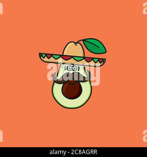 Avocado with sombrero hat and face with moustache cartoon character vector illustration. Healthy mexican food symbol Stock Vector
