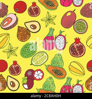 Seamless hand drawn pattern with tropical exotic fruits. Vector Stock Vector