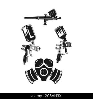 Monochrome illustration of metal spray gun and mask icon set. Isolated on white background.EPS 10 Stock Vector