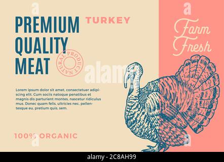 Premium Quality Turkey. Abstract Vector Meat Packaging Design or Label. Modern Typography and Hand Drawn Turkey Sketch Silhouette Background Layout Stock Vector