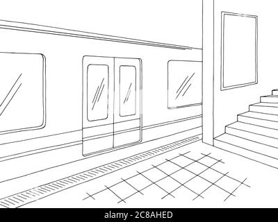 Subway station platform train billboard graphic black white sketch illustration vector Stock Vector