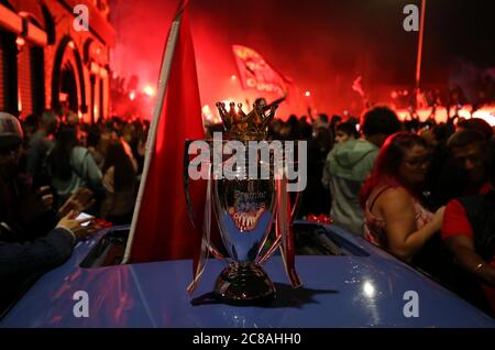 Liverpool fans celebrate outside Anfield. Stock Photo