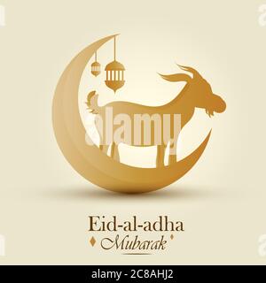 Eid al adha, Eid qurban semi realistic greeting poster for web with goat and crescent moon, illustration vector Stock Vector
