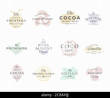 Premium Qualituy Nuts, Fruits and Spices Elegant Labels Set. Abstract Vector Signs, Symbols or Logo Templates. Hand Drawn Food Sketches with Retro Stock Vector