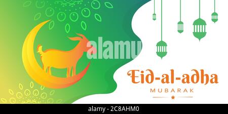 Eid-al-adha, eid qurban mubarak greeting poster for web with goat and crescent moon, vector illustration Stock Vector