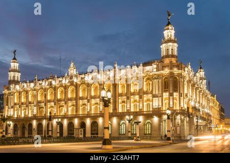 The Great Theater of Havana, home of the Cuban National Ballet, illuminated at sunset Stock Photo