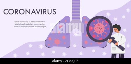 Doctor examine coronavirus in lung with magnifying glass. Concept covid-19 vector illustration. Stock Vector