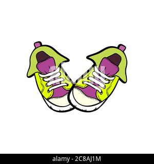Sneakers shoes pair isolated. Hand drawn vector illustration of green and purple shoes. Sport boots hand drawn for logo, poster, postcard, fashion Stock Vector