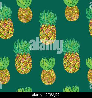 Seamless hand drawn pattern with pineapple on dark green background Stock Vector