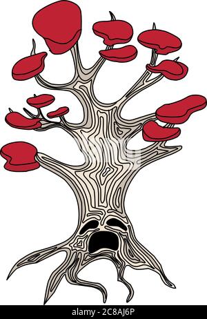 weirwood. A magical tree with a face from Westeros. Isolated on white background. Old tree with eyes and mouth Stock Vector