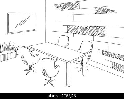 Conference room office interior graphic black white sketch illustration vector Stock Vector