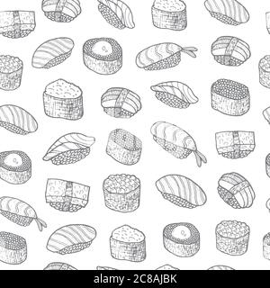 Sushi set pattern. Asian food. Japanese cooking. Coloring page f Stock Vector