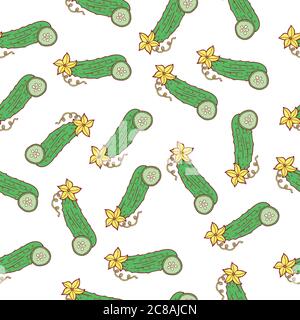 Cucumber seamless pattern. Vector graphic art background with vegetables Stock Vector