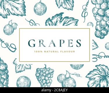Hand Drawn Grapes Illustration Card. Abstract Vector Grape Bunch and Leaves Sketch Background with Classy Retro Typography. Stock Vector
