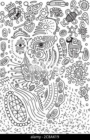 Surreal doodle alien on space. Illustration for design, poster. Stock Vector