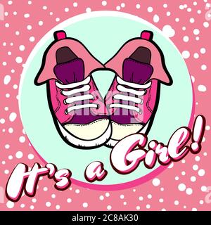 Girl baby shower congratulations vector postcard. Baby announcement in pink. Its a girl with children shoes in circle. Texture card, poster Stock Vector