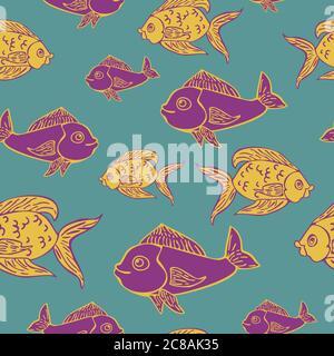 Vector seamless pattern of fish in retro linocut style. Fancy abstract fish vector illustration. Stock Vector