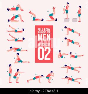 Workout men set. Men doing fitness and yoga exercises. Lunges, Pushups, Squats, Dumbbell rows, Burpees, Side planks, Situps, Glute bridge, Leg Raise, Stock Vector