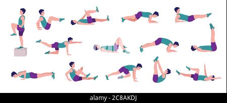 Workout men set. Men doing fitness and yoga exercises. Lunges, Pushups, Squats, Dumbbell rows, Burpees, Side planks, Situps, Glute bridge, Leg Raise, Stock Vector